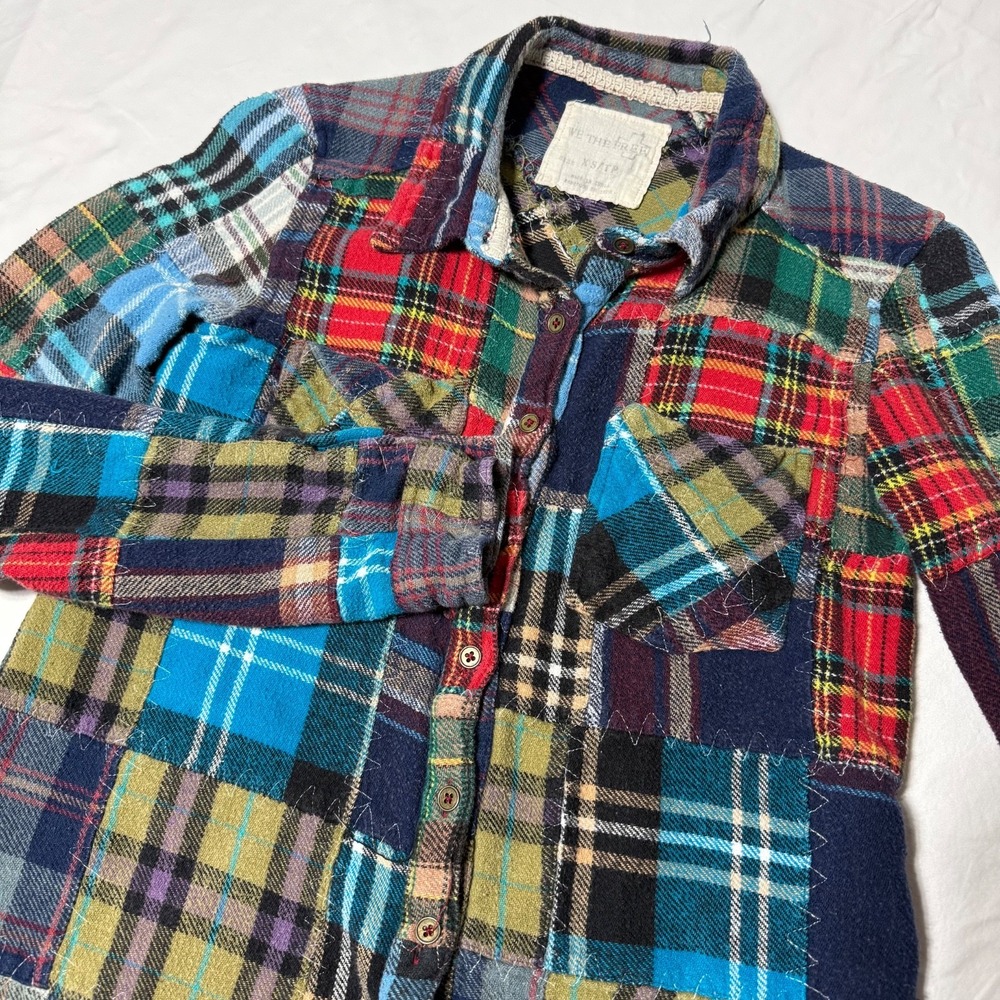 We The Free Lost in Plaid Free People Women's XS Patchwork Flannel Crochet Shirt
